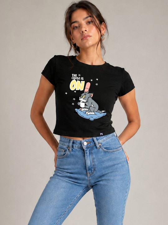 Minute Mirth Women’s Cotton Blend Tom & Jerry Printed Crop T-shirt (Black, Pack Of 1)