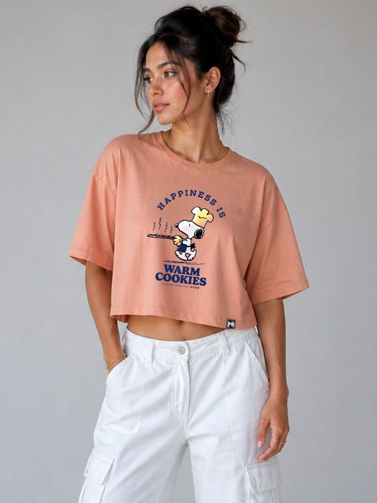 Minute Mirth Women’s Polyester Peanuts Printed Boxy Crop T-shirt (Peach, Pack Of 1)