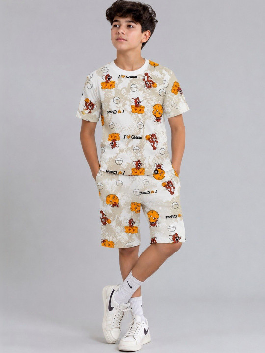 Minute Mirth Boys’ Cotton Blend Tom & Jerry Printed T-shirt with Shorts Set (Off White, Pack Of 1)