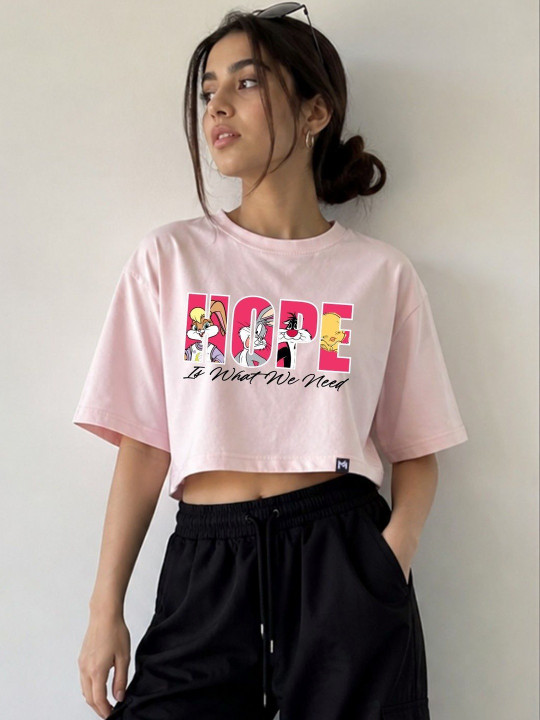 Minute Mirth Women’s Polyester Looney Tunes Printed Boxy Crop T-shirt (Pink, Pack Of 1)