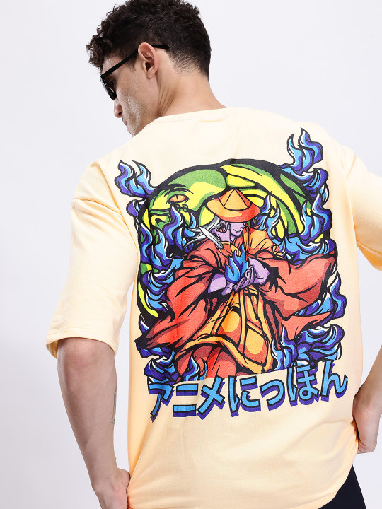 Minute Mirth Men’s Anime Nippon Graphic Printed Oversized T-shirt (Cream, Pack Of 1)