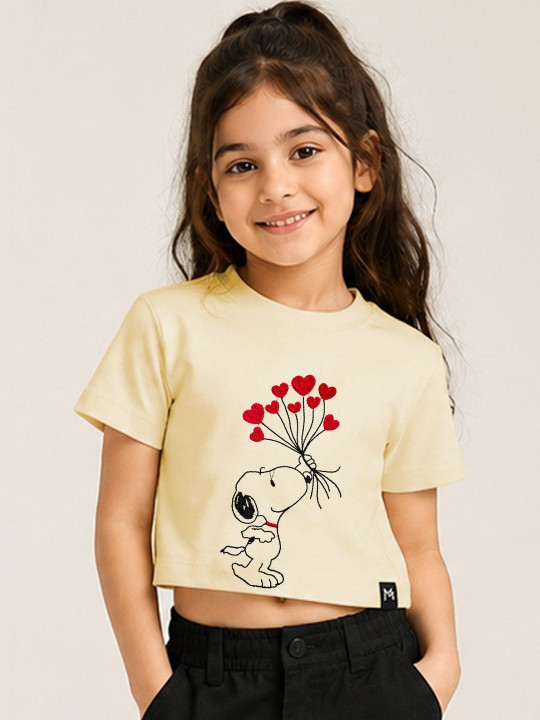 Minute Mirth Girls’ Cotton Peanuts Printed Embroidered Crop T-shirt (Cream, Pack Of 1)