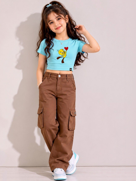 Minute Mirth Girls’ Cotton Looney Tunes Printed Embroidered Crop T-shirt (Blue, Pack Of 1)