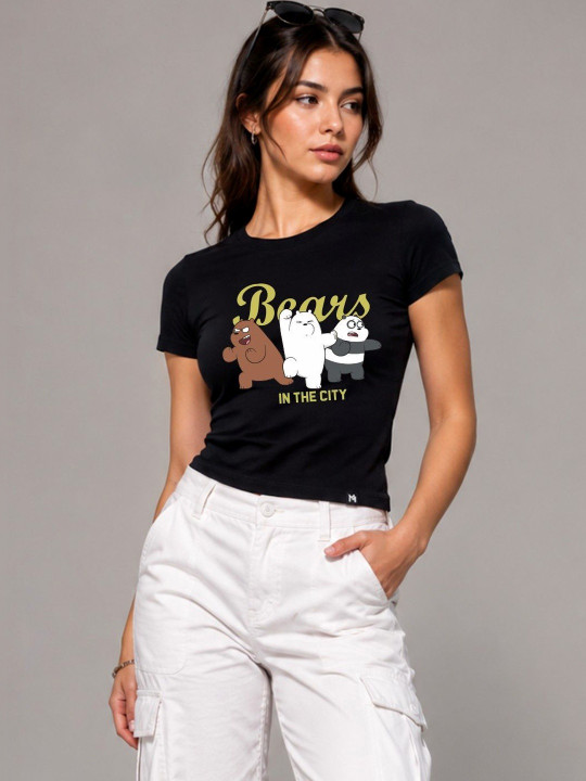 Minute Mirth Women’s Cotton Blend We Bare Bears Printed Regular T-shirt (Black, Pack Of 1)