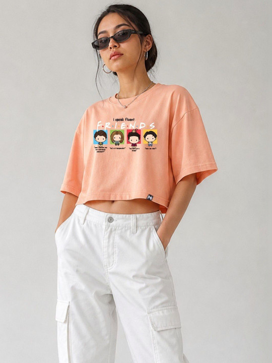 Minute Mirth Women’s Polyester Friends Printed Boxy Crop T-shirt (Peach, Pack Of 1)