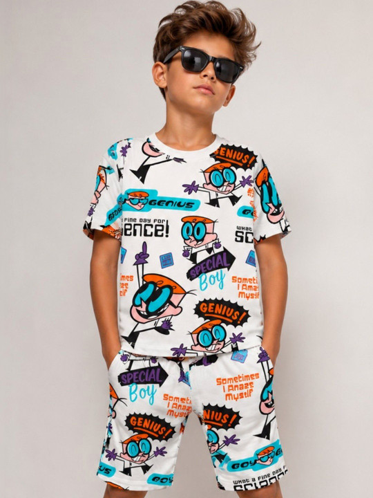 Minute Mirth Boys’ Pure Cotton Dexter’s Laboratory Printed T-shirt with Shorts Set (White, Pack Of 1)
