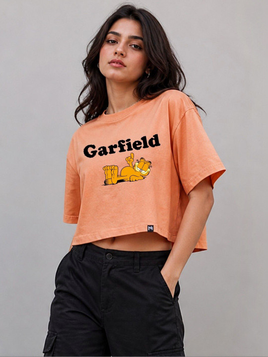 Minute Mirth Women’s Polyester Garfield Printed Boxy Crop T-shirt (Peach, Pack Of 1)