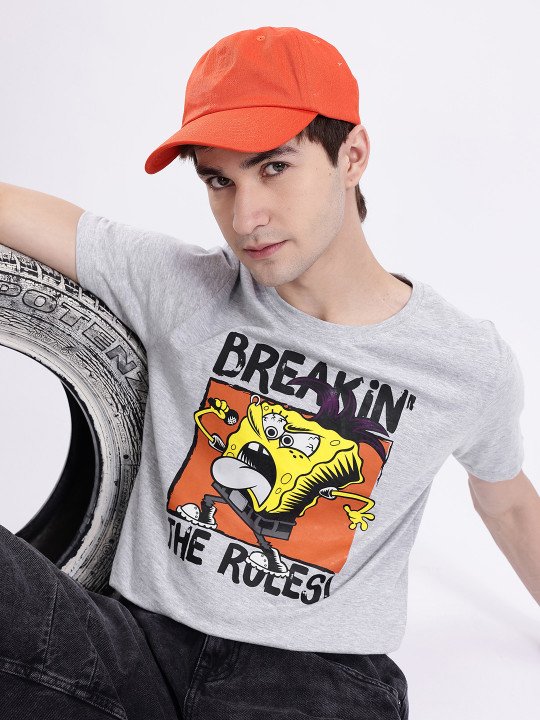 Minute Mirth Men’s SpongeBob Photographic Printed Pure Cotton T-shirt (Grey Melange, Pack Of 1)