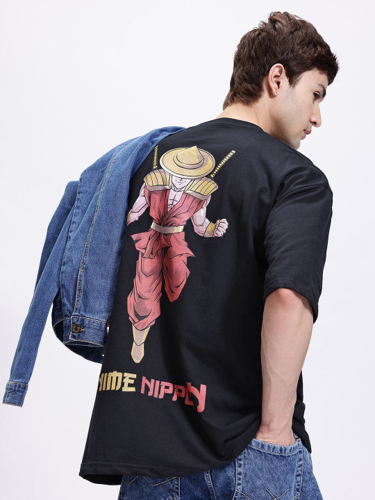 Minute Mirth Men’s Anime Printed Drop-Shoulder Sleeves Pure Cotton Oversized T-shirt (Black, Pack Of 1)