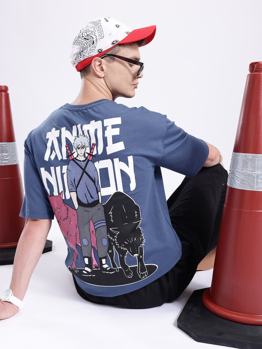 Minute Mirth Men’s Anime Nippon Printed Pure Cotton Oversized T-shirt (Blue, Pack Of 1)
