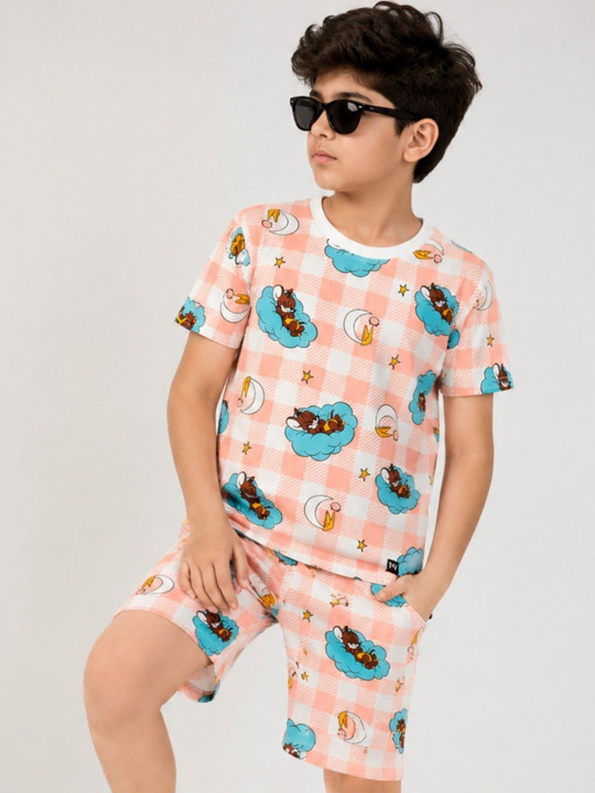 Minute Mirth Boys’ Pure Cotton Tom & Jerry Printed T-shirt with Shorts Set (Peach, Pack Of 1)