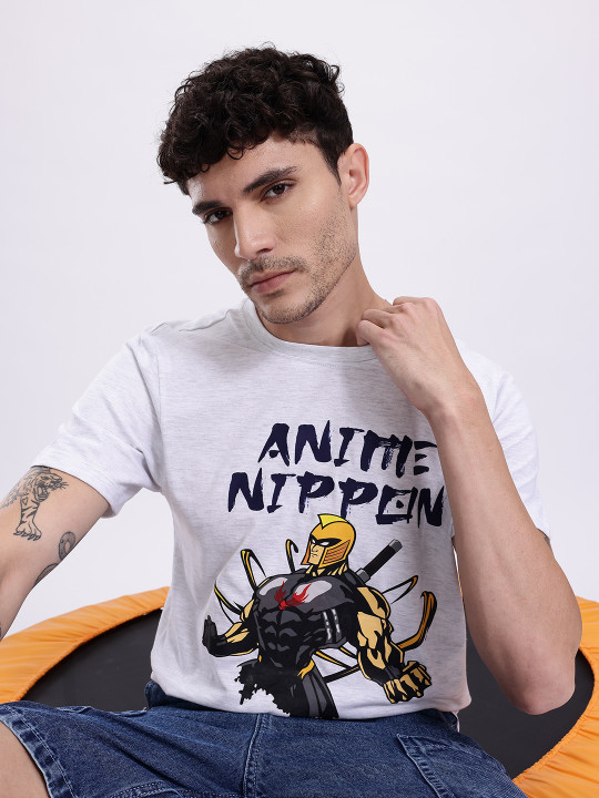 Minute Mirth Men’s Anime Nippon Printed Pure Cotton T-shirt (Grey Melange, Pack Of 1)