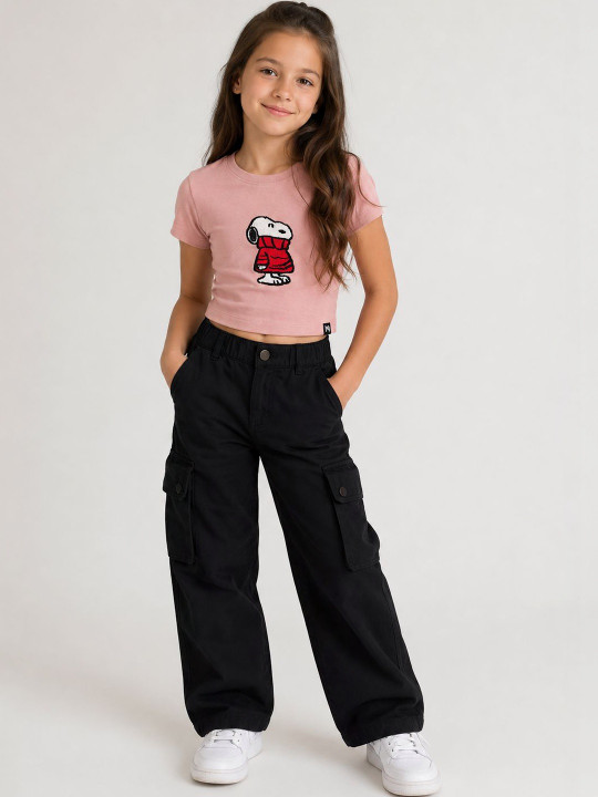 Minute Mirth Girls’ Cotton Peanuts Printed Embroidered Crop T-shirt (Pink, Pack Of 1)
