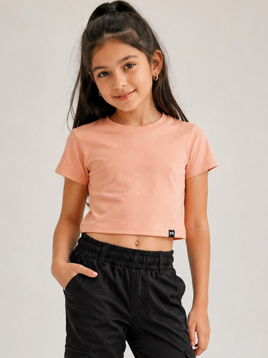 Minute Mirth Girls’ Cotton Solid Crop T-shirt (Orange, Pack Of 1)