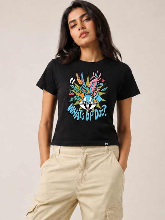 Minute Mirth Women’s Cotton Blend Looney Tunes Printed Regular T-shirt (Black, Pack Of 1)