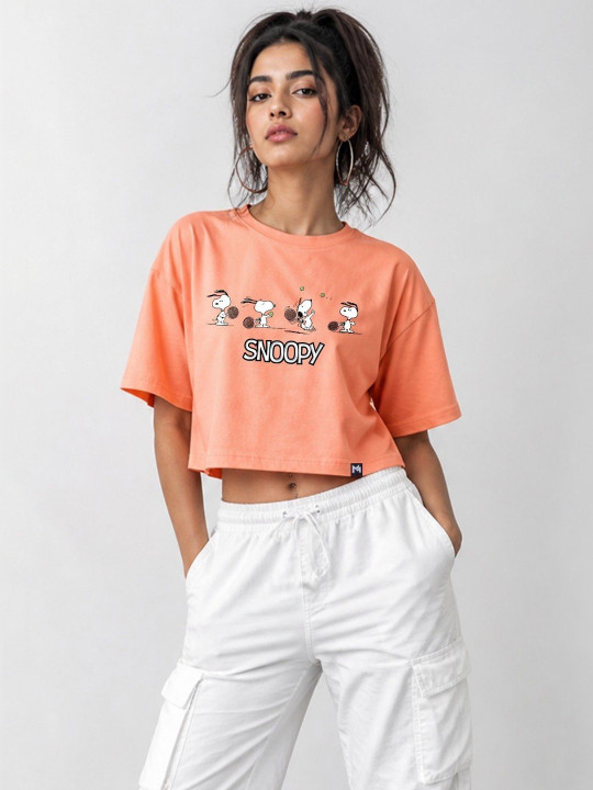 Minute Mirth Women’s Polyester Peanuts Printed Boxy Crop T-shirt (Orange, Pack Of 1)