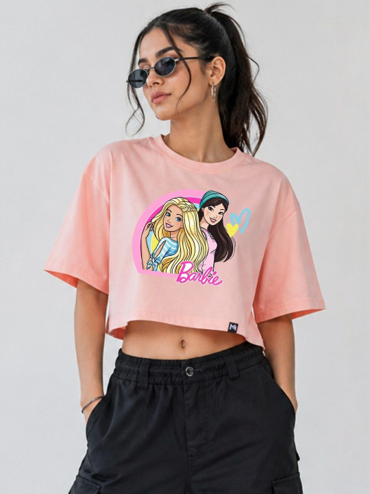 Minute Mirth Women’s Polyester Barbie Printed Boxy Crop T-shirt (Peach, Pack Of 1)