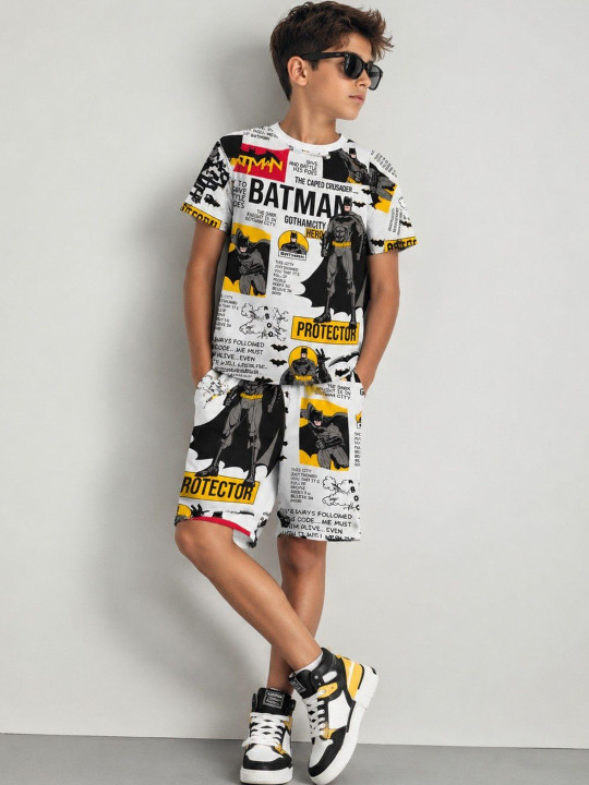 Minute Mirth Boys’ Pure Cotton Batman Printed T-shirt with Shorts Set (White, Pack Of 1)