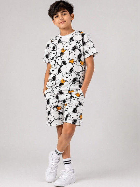 Minute Mirth Boys’ Pure Cotton Peanuts Printed T-shirt with Shorts Set (White, Pack Of 1)