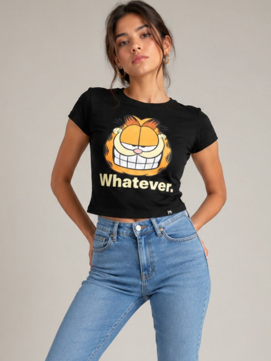 Minute Mirth Women’s Cotton Blend Garfield Printed Crop T-shirt (Black, Pack Of 1)