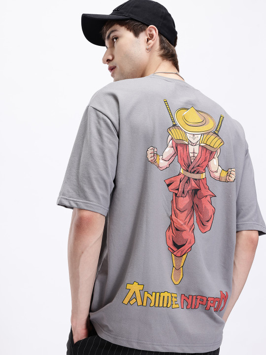 Minute Mirth Men’s Anime Nippon Graphic Printed Pure Cotton Oversized T-shirt (Grey, Pack Of 1)