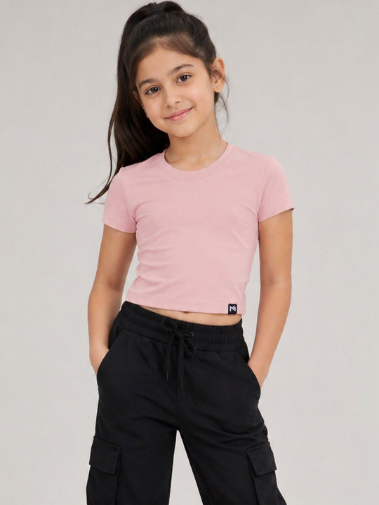 Minute Mirth Girls’ Cotton Solid Crop T-shirt (Pink, Pack Of 1)