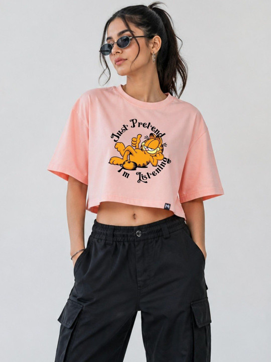 Minute Mirth Women’s Polyester Garfield Printed Boxy Crop T-shirt (Peach, Pack Of 1)