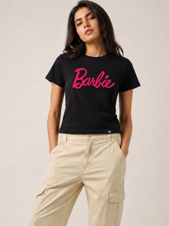 Minute Mirth Women’s Cotton Blend Barbie Typography Printed Regular T-shirt (Black, Pack Of 1)