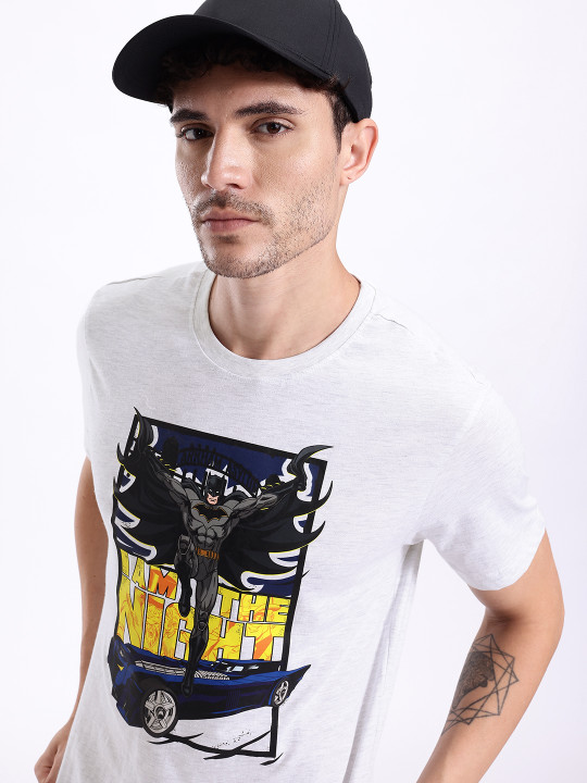 Minute Mirth Men’s Batman Superhero Printed Pure Cotton T-shirt (Grey Melange, Pack Of 1)