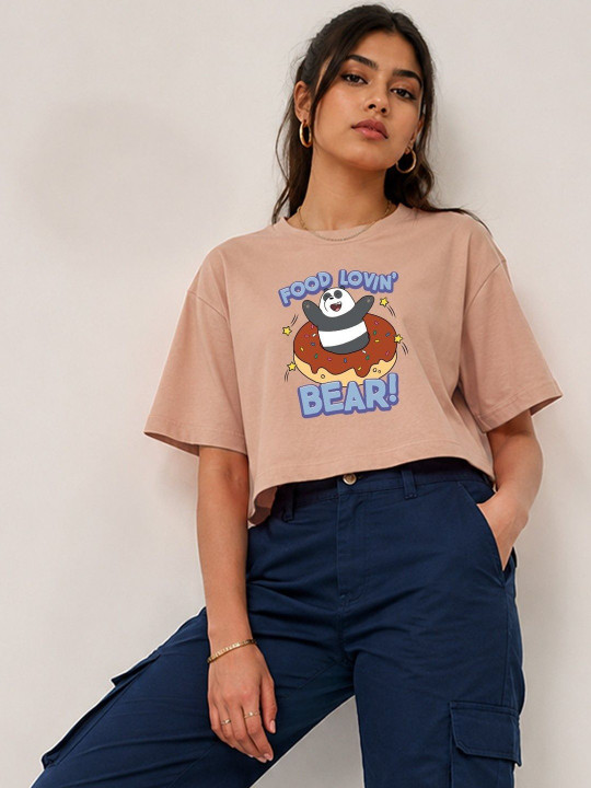 Minute Mirth Women’s Polyester We Bare Bears Printed Boxy Crop T-shirt (Peach, Pack Of 1)