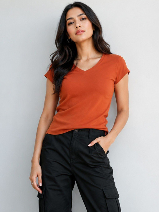 Minute Mirth Women’s Cotton Solid V-Neck T-shirt (Red, Pack Of 1)