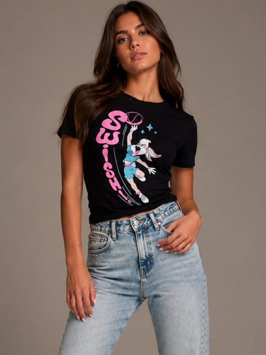 Minute Mirth Women’s Cotton Blend Looney Tunes Printed Regular T-shirt (Black, Pack Of 1)