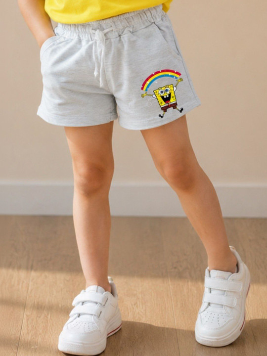 Minute Mirth Girls’ Cotton SpongeBob Printed Regular Shorts (Grey, Pack Of 1)