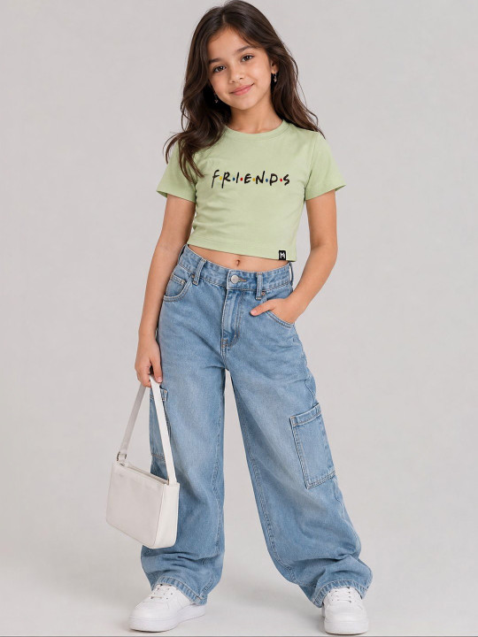 Minute Mirth Girls’ Cotton Friends Embroidered Crop T-shirt (Green, Pack Of 1)