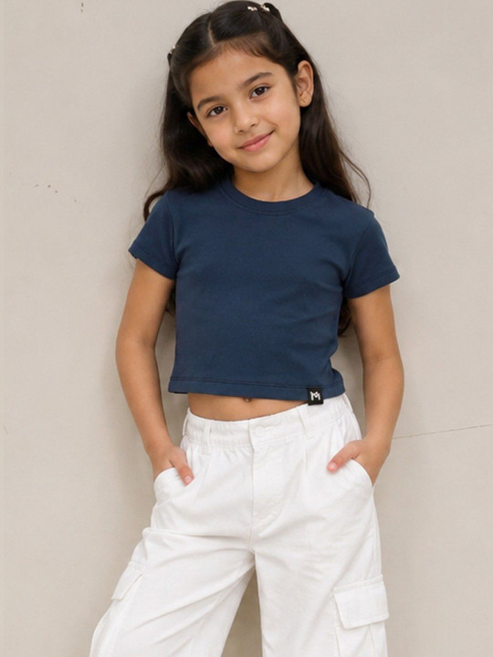 Minute Mirth Girls’ Cotton Solid Crop T-shirt (Blue, Pack Of 1)