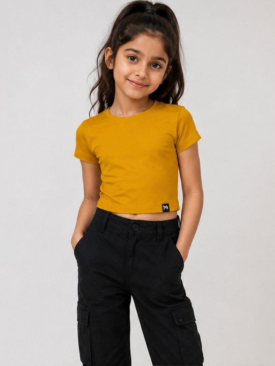 Minute Mirth Girls’ Cotton Solid Crop T-shirt (Mustard Yellow, Pack Of 1)