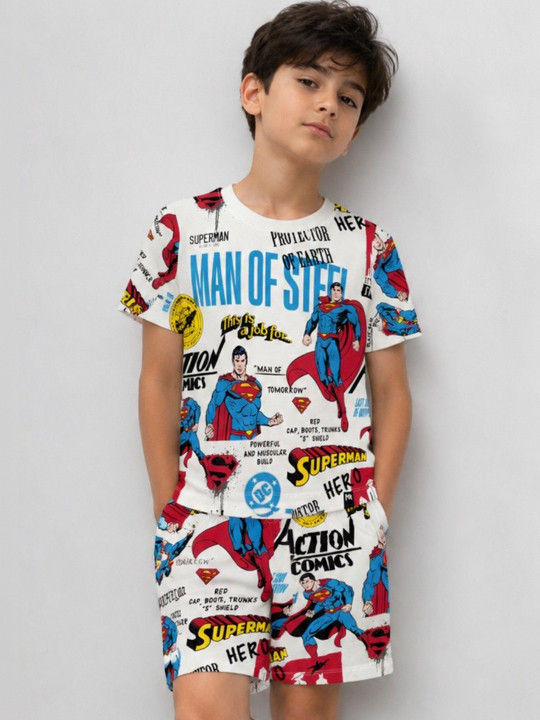 Minute Mirth Boys’ Pure Cotton Superman Printed T-shirt with Shorts Set (White, Pack Of 1)