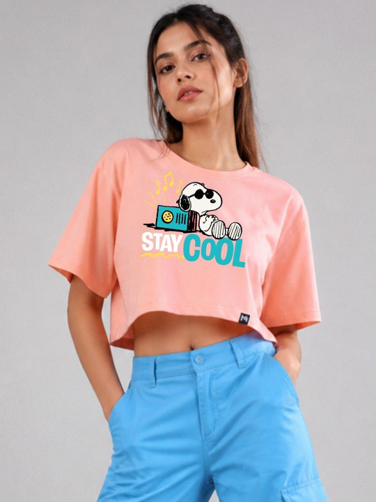 Minute Mirth Women’s Polyester Snoopy Printed Boxy Crop T-shirt (Peach, Pack Of 1)