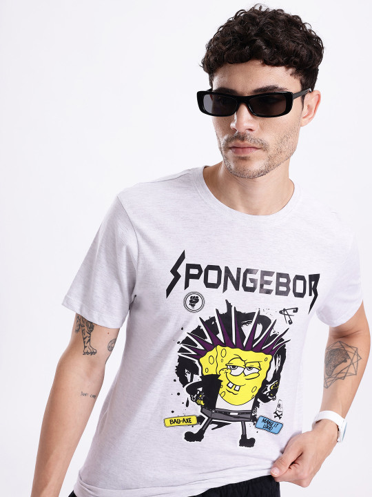 Minute Mirth Men’s SpongeBob Graphic Printed Pure Cotton T-shirt (Grey, Pack Of 1)