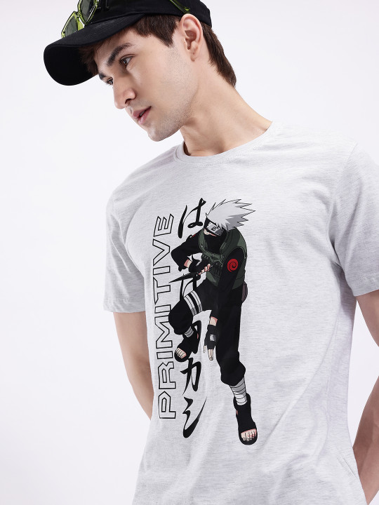 Minute Mirth Men’s Naruto Printed Cotton T-shirt (Grey, Pack Of 1)