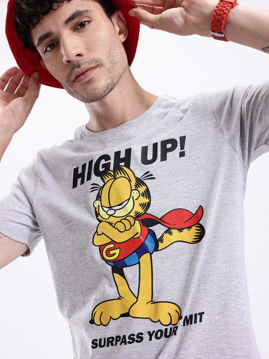 Minute Mirth Men’s Garfield Humour & Comic Printed Cotton T-shirt (Grey Melange, Pack Of 1)