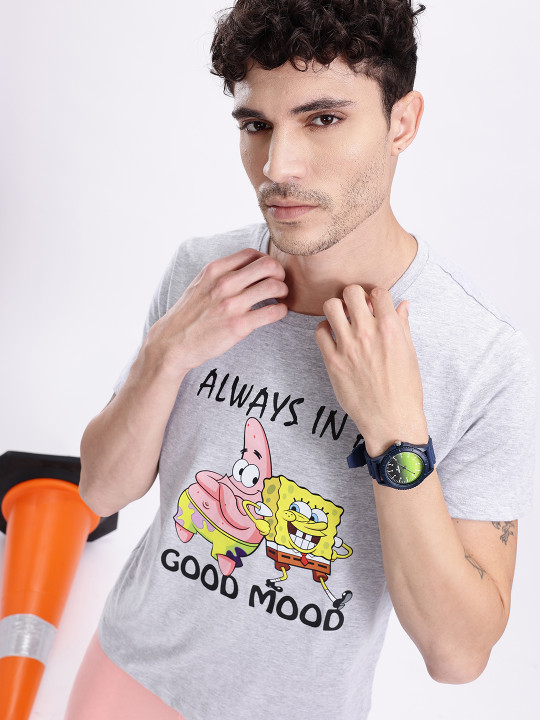 Minute Mirth Men’s SpongeBob Printed Cotton T-shirt (Grey, Pack Of 1)