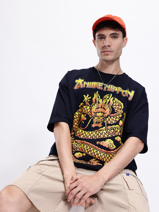Minute Mirth Men’s Anime Nippon Graphic Printed Pure Cotton Oversized T-shirt (Navy Blue, Pack Of 1)