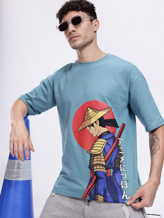 Minute Mirth Men’s Anime Nippon Graphic Printed Oversized T-shirt (Blue, Pack Of 1)