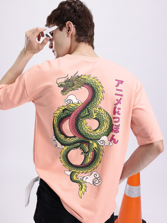 Minute Mirth Men’s Anime Nippon Graphic Printed Pure Cotton Oversized T-shirt (Pink, Pack Of 1)