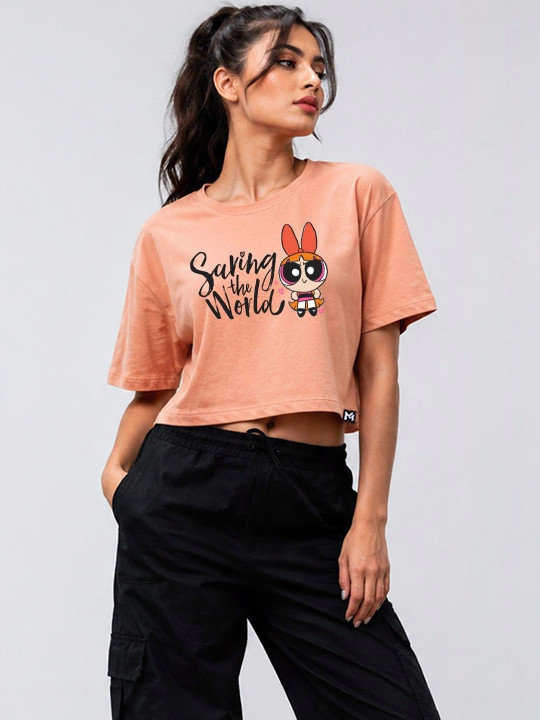 Minute Mirth Women’s Polyester Powerpuff Girls Printed Boxy Crop T-shirt (Peach, Pack Of 1)