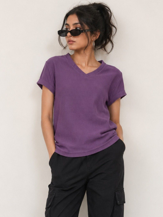 Minute Mirth Women’s Cotton Solid V-Neck T-shirt (Purple, Pack Of 1)