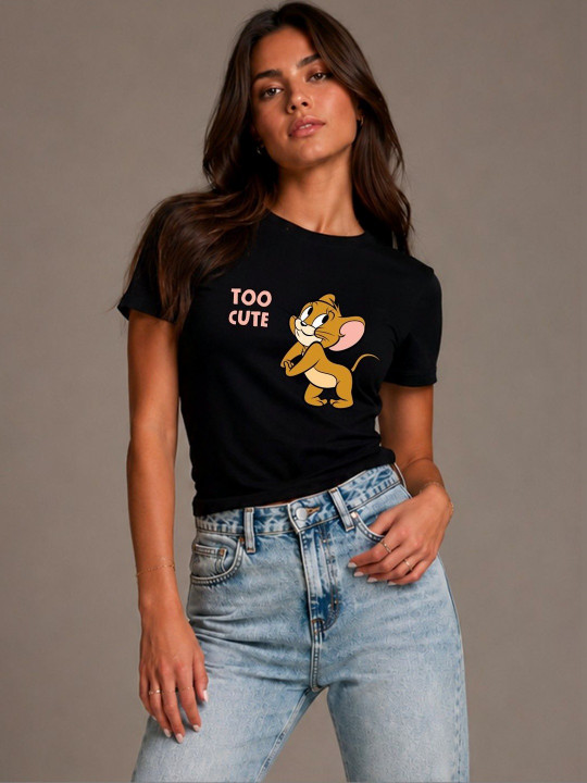 Minute Mirth Women’s Cotton Blend Tom & Jerry Printed Regular T-shirt (Black, Pack Of 1)