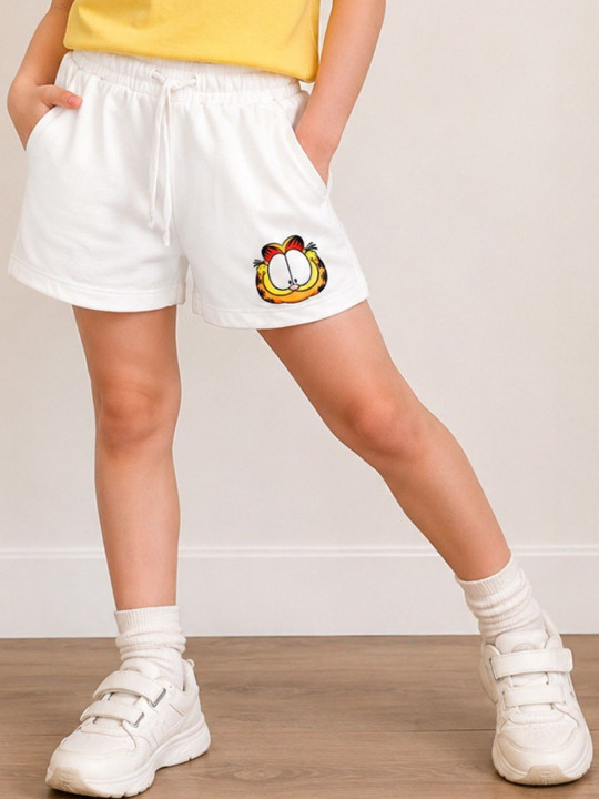 Minute Mirth Girls’ Cotton Garfield Printed Regular Shorts (Cream, Pack Of 1)