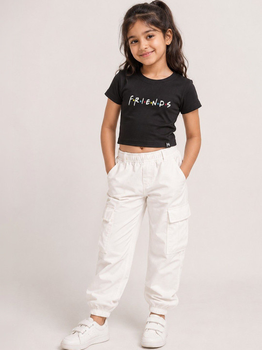 Minute Mirth Girls’ Cotton Friends Typography Printed Embroidered Crop T-shirt (Black, Pack Of 1)